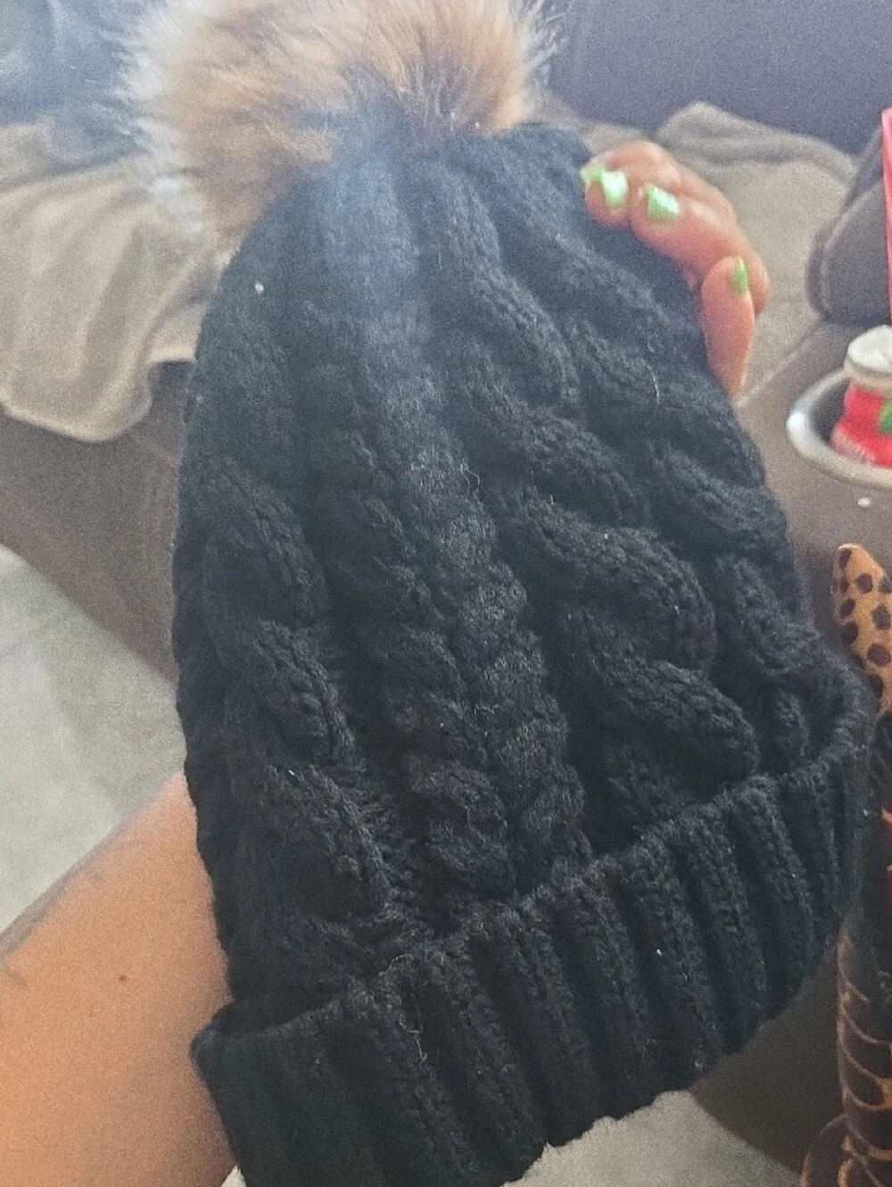 Timberland Kids Black Cable-Knit Pom Beanie with Faux Fur